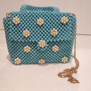 Hand-Beaded Turquoise Daisy Shoulder Bag